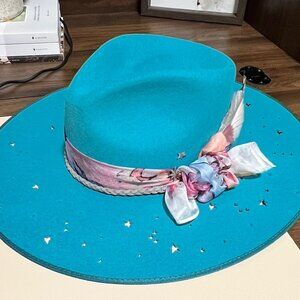Stetson Night Sky Cowboy Hat in Teal with Pastel Scarf and Feather